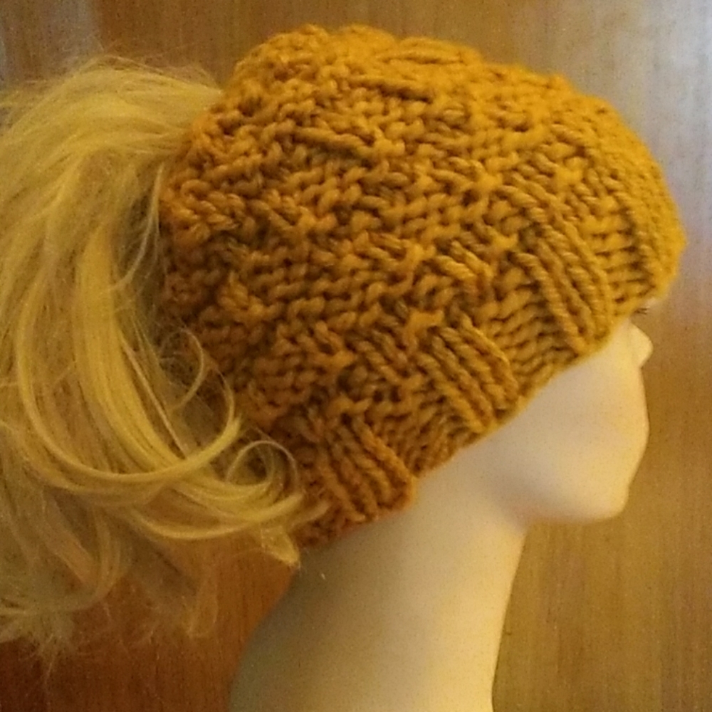 Knitted Mustard/Gold Messy Bun Ponytail Beanie
